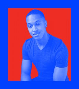 Image of the artist with a blue overlay on a red background.