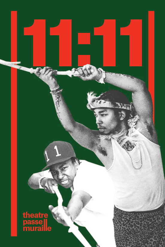 11:11 poster features two characters played by the same actor. They are both holding up a stick.