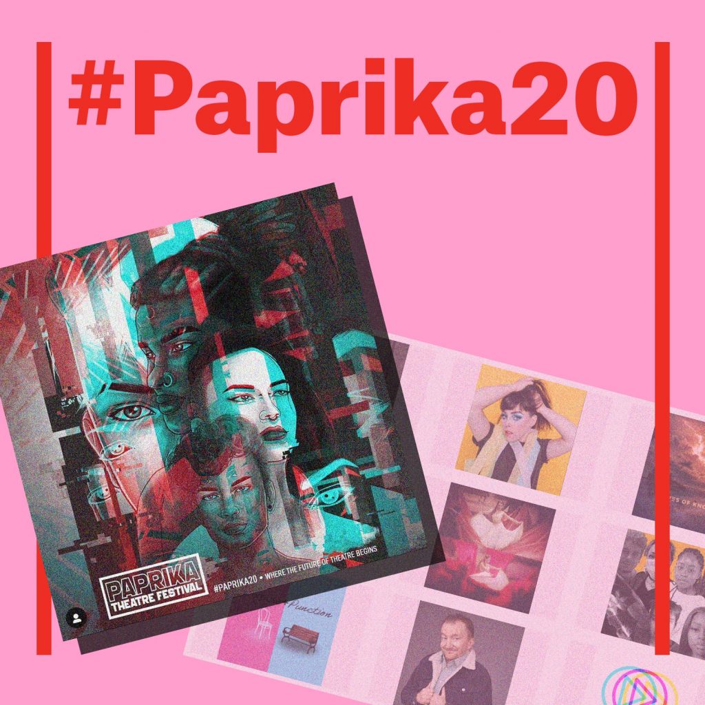The Paprika festival poster, which is drawn in a cyber graphic art, against a faint screenshot of the Paprika Festival website is collaged against a pink background. It has large text #Paprika20 on top.