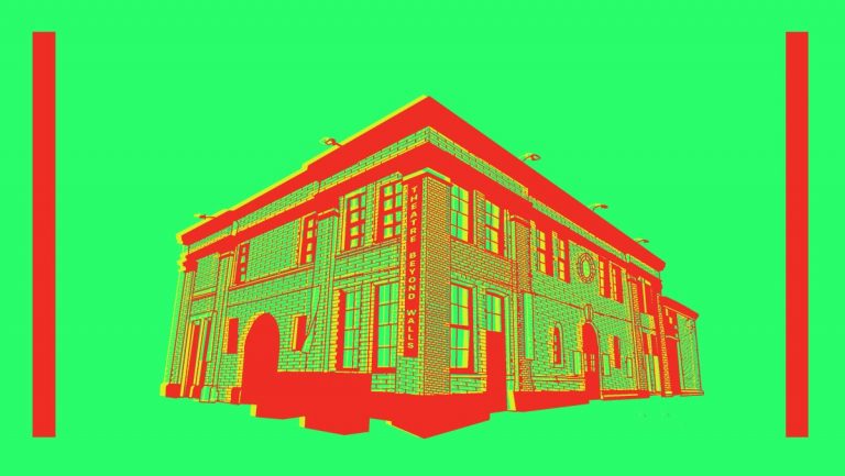digital outline of theatre passe muraille building is given a red and yellow wash and overlaid on top of one another