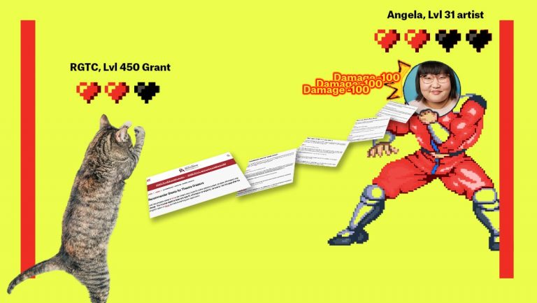 Angela as a game character, level 31, is fighting a cat, who is a level 459 RGTC grant
