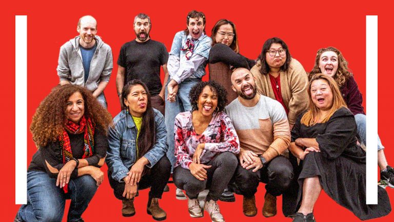 TPM team is collaged on top of a red bright background. They are taking a group photo and making funny faces, some are sticking out tongues and some are frowning