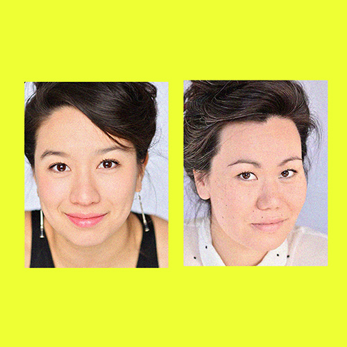 Headshot of Jade and Chloé next to each other. Jade and Chloé are mixed race Quebecoise and Tibetan sisters. They both have their dark brown hair tied up in a bun, smiling in front of a light white background