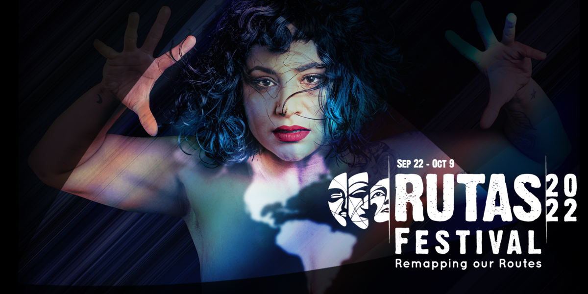 Rutas 2022 festival remapping the routes logo is a white logo with symbols showing three sides to faces. The image is inside a triangle. A woman, looking distressed or hopeful, has her hands against the glass looking straight ahead. Map of the americas are projected on her chest