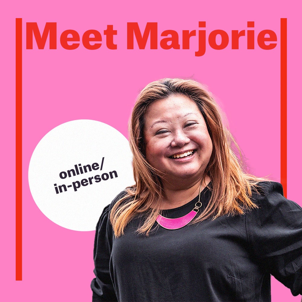 Meet Marjorie. A playful image of Marjorie smiling brightly collaged onto a pink background. A friendly bold red letter writes Meet Marjorie, in-person or online!