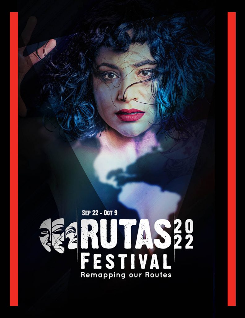 Rutas 2022 festival remapping the routes logo is a white logo with symbols showing three sides to faces. The image is inside a triangle. A woman, looking distressed or hopeful, has her hands against the glass looking straight ahead. Map of the americas are projected on her chest