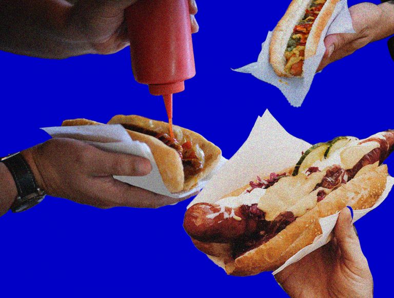 various hands with various hotdogs are collaged onto the blue background. One hotdog has tons of mayo. Another hotdog has ketchup being squeezed onto it.