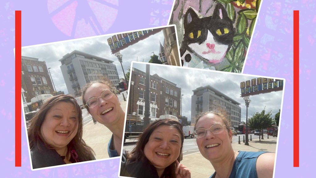 A lilac purple graphic with two TPM branded red lines on each side as photos overlap on top of one another. Marjorie taking a selfie with Kelsie in front of Battersea on a windy day, and a postcard that has a drawing of a cat
