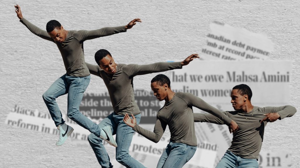 Four snapshots of Shakeil dancing is collaged on top of one another. In the last shot he jumps with his arms wide open. ripped newspapers of headlines scatter behind him.
