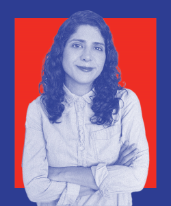 Monica Garrido in blue on a red background with a blue border