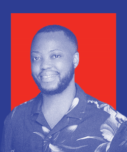 Tsholo Khalema in blue on a red background with a blue border.
