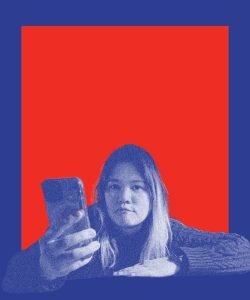 Tricia Hagoriles in blue on a red background with a blue border, she is holding a phone in her hand.